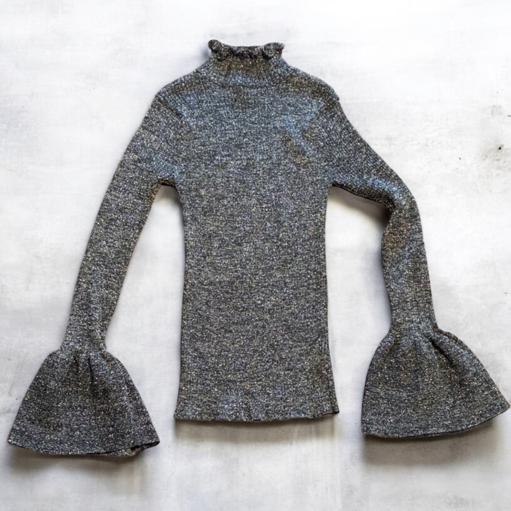Sparkle-y metallic ruffled neck long sweater size small